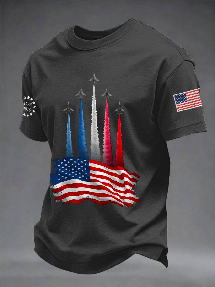 Men's Independence Day American Flag Jet Planes Print Casual Tee