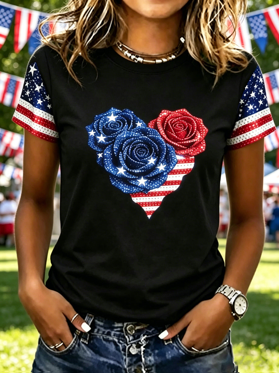 Women's Independence Day Printed Vintage Fashion Loose Short Sleeve T-Shirt