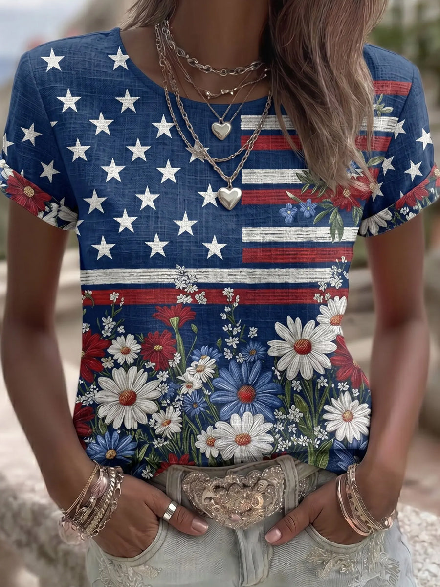 Women's Vintage Independence Day Flag Flower Art Print Linen Short Sleeves Top