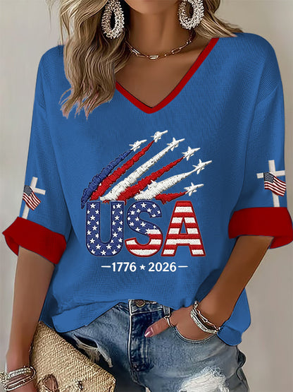 Women's  Independence Day USA  Flag Art Waffle T-shirt