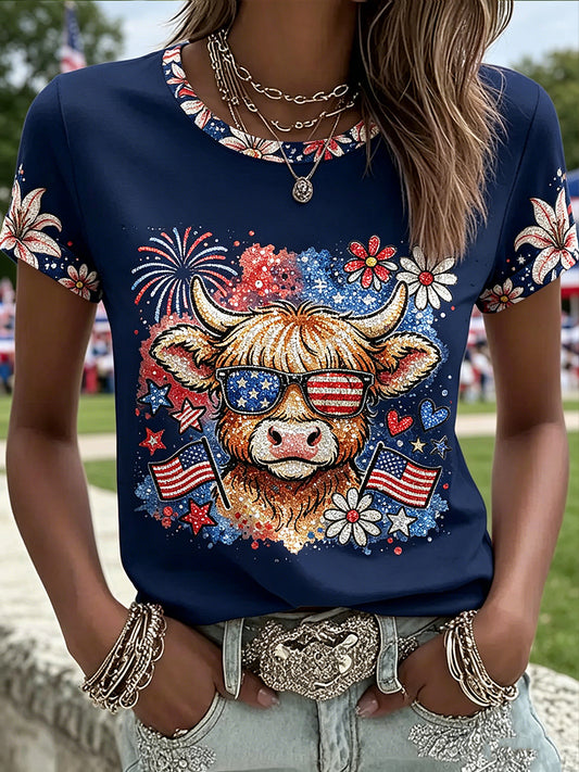 Women's Independence Day  Highland Cattle Printed Vintage Fashion Loose Short Sleeve T-Shirt