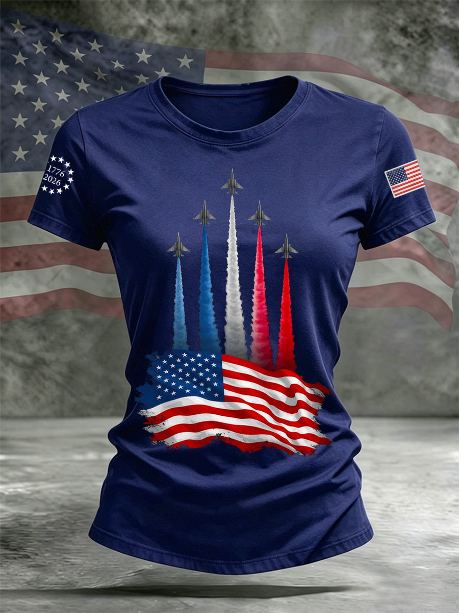 Women's Independence Day American Flag Jet Planes Print Casual Tee