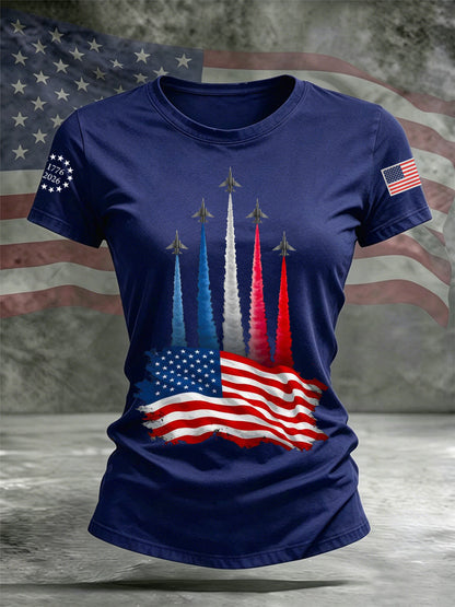 Women's Independence Day American Flag Jet Planes Print Casual Tee