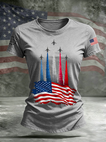 Women's Independence Day American Flag Jet Planes Print Casual Tee