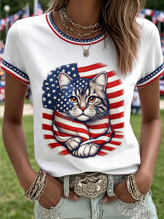 Women's Independence Day Animals Printed Vintage Fashion Loose Short Sleeve T-Shirt