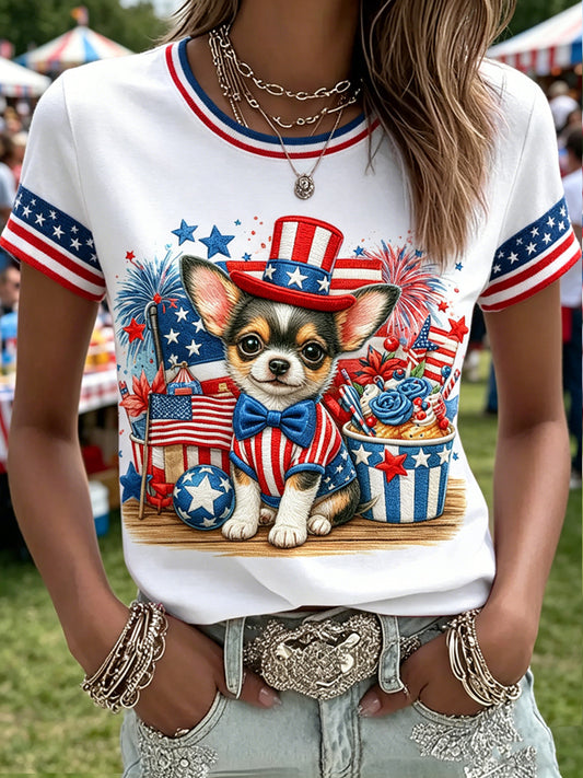Women's Independence Day Animals Printed Vintage Fashion Loose Short Sleeve T-Shirt