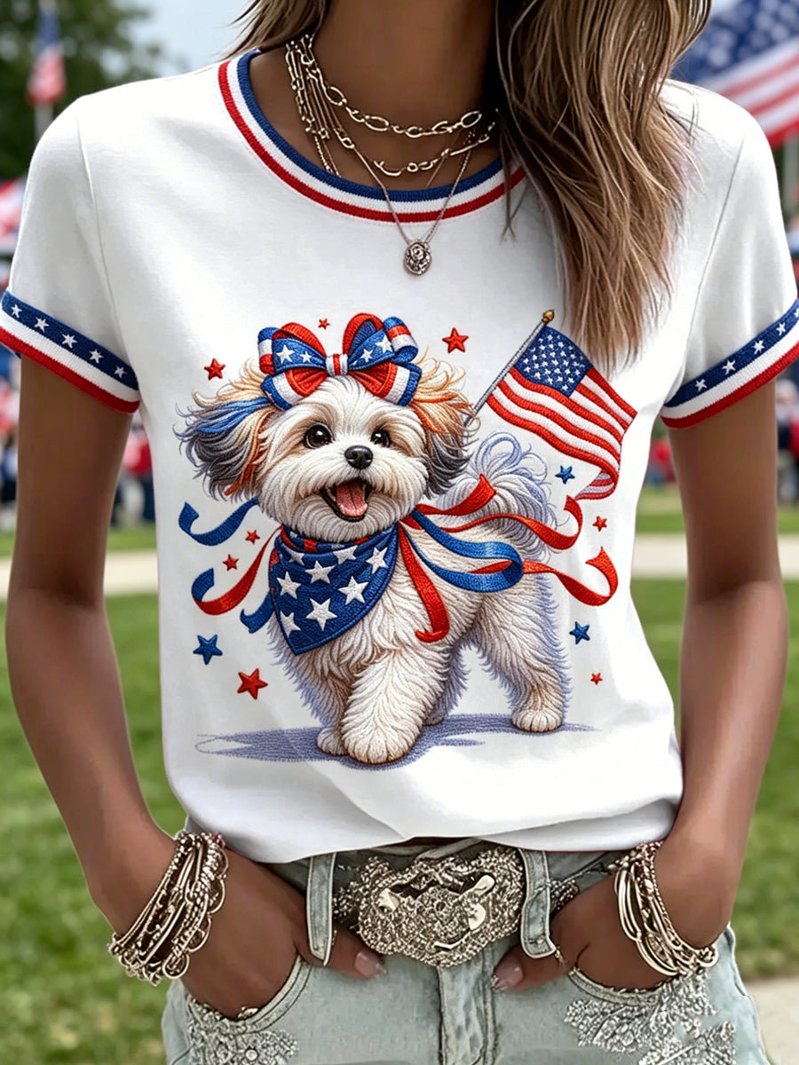 Women's Independence Day Animals Printed Vintage Fashion Loose Short Sleeve T-Shirt