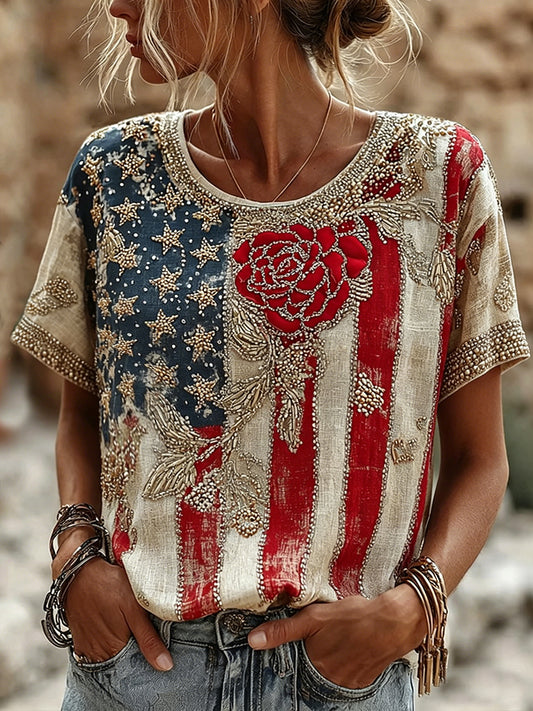 Women's American Flag Floral Casual T-Shirt