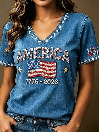 Women's Independence Day  Flag Art Print Casual V-neck Short Sleeve T-shirt