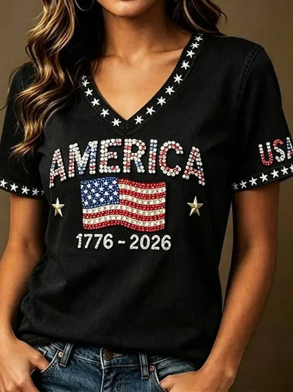 Women's Independence Day  Flag Art Print Casual V-neck Short Sleeve T-shirt