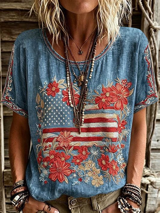 Women's American Flag Floral Casual T-Shirt