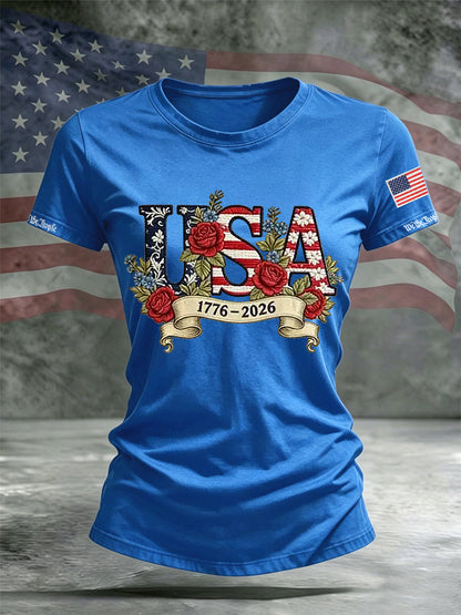 Women's Independence Day Flag Flower Print Casual O-neck Short Sleeve T-shirt