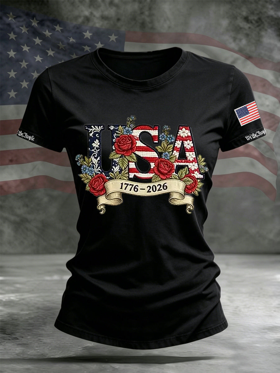 Women's Independence Day Flag Flower Print Casual O-neck Short Sleeve T-shirt