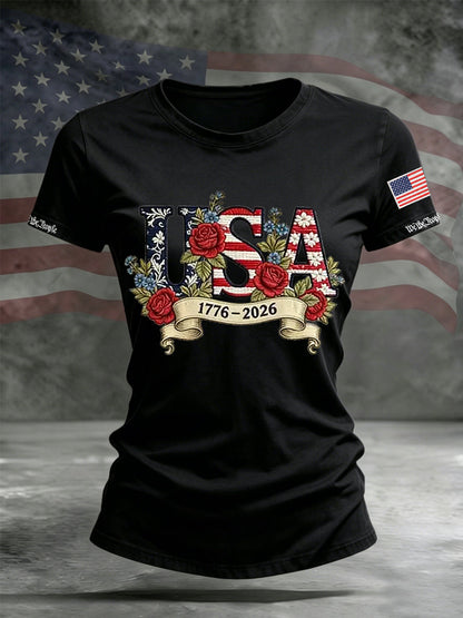 Women's Independence Day Flag Flower Print Casual O-neck Short Sleeve T-shirt