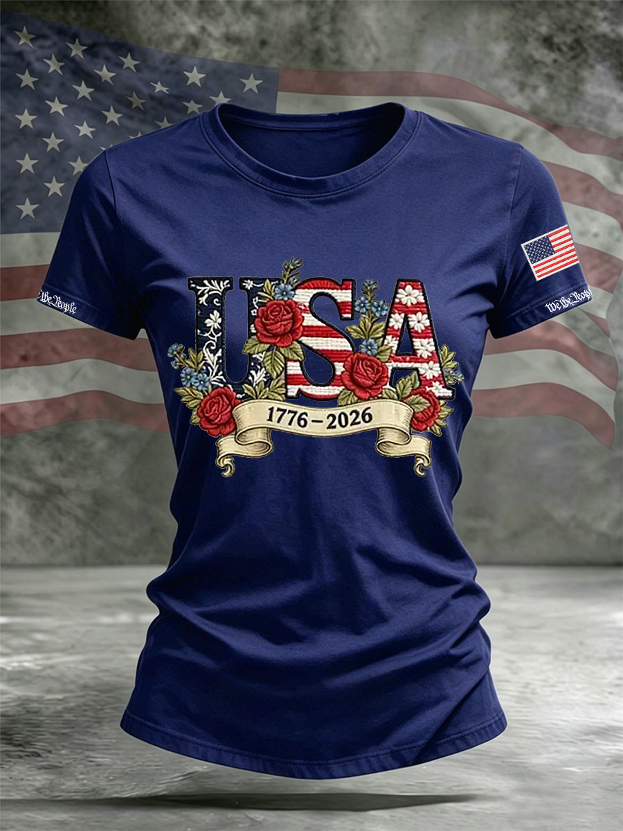 Women's Independence Day Flag Flower Print Casual O-neck Short Sleeve T-shirt