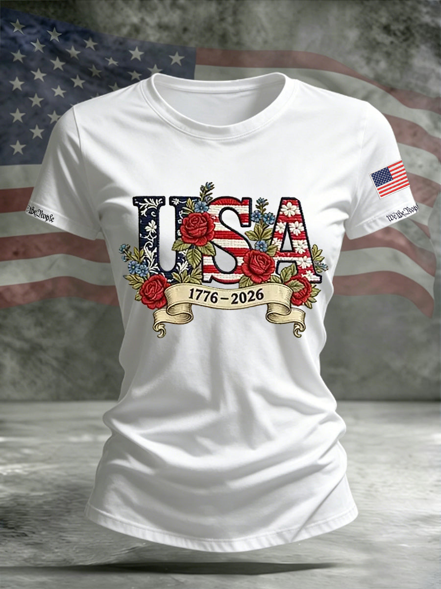 Women's Independence Day Flag Flower Print Casual O-neck Short Sleeve T-shirt