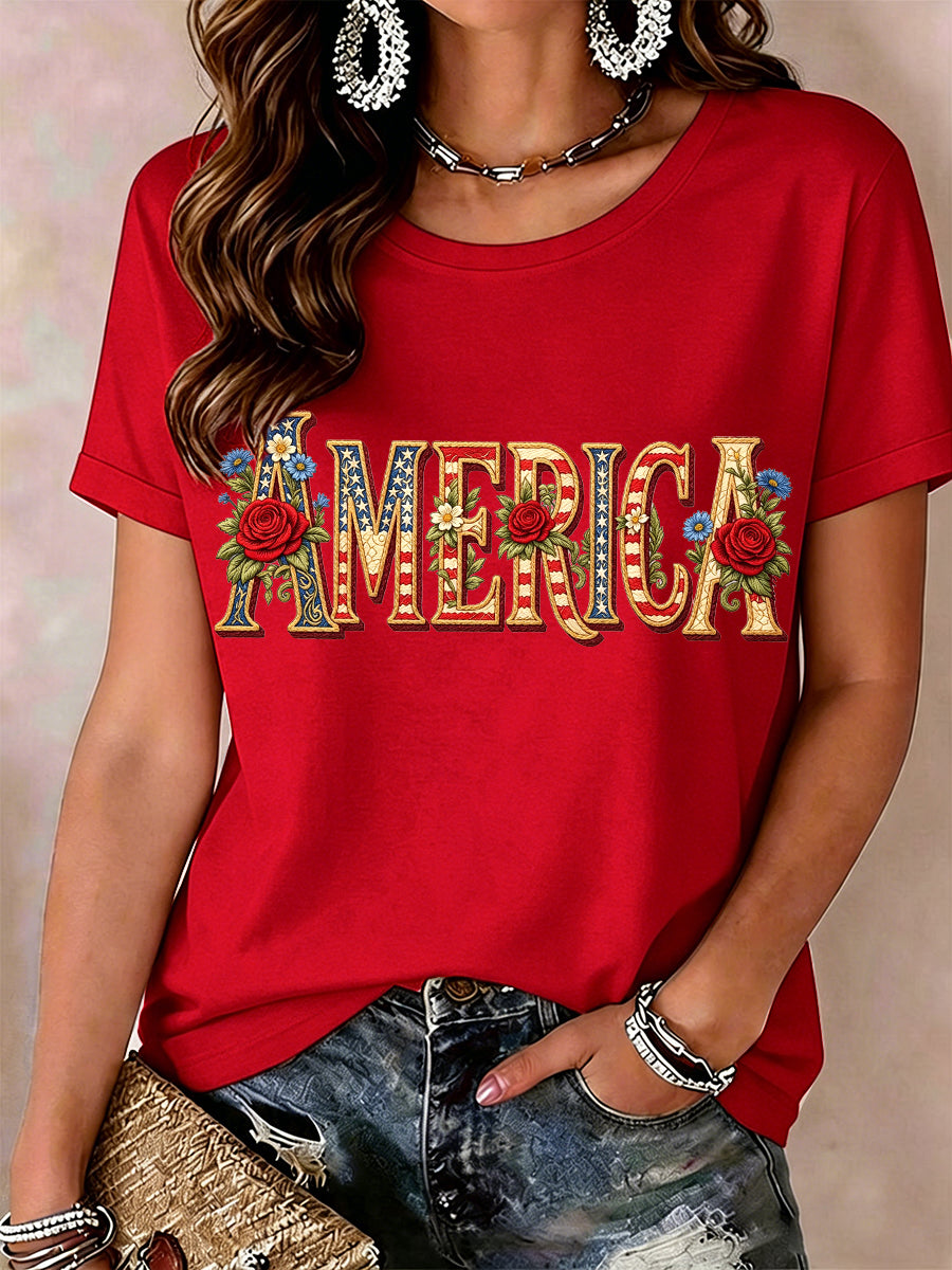 Women's America Floral Pattern T-Shirt
