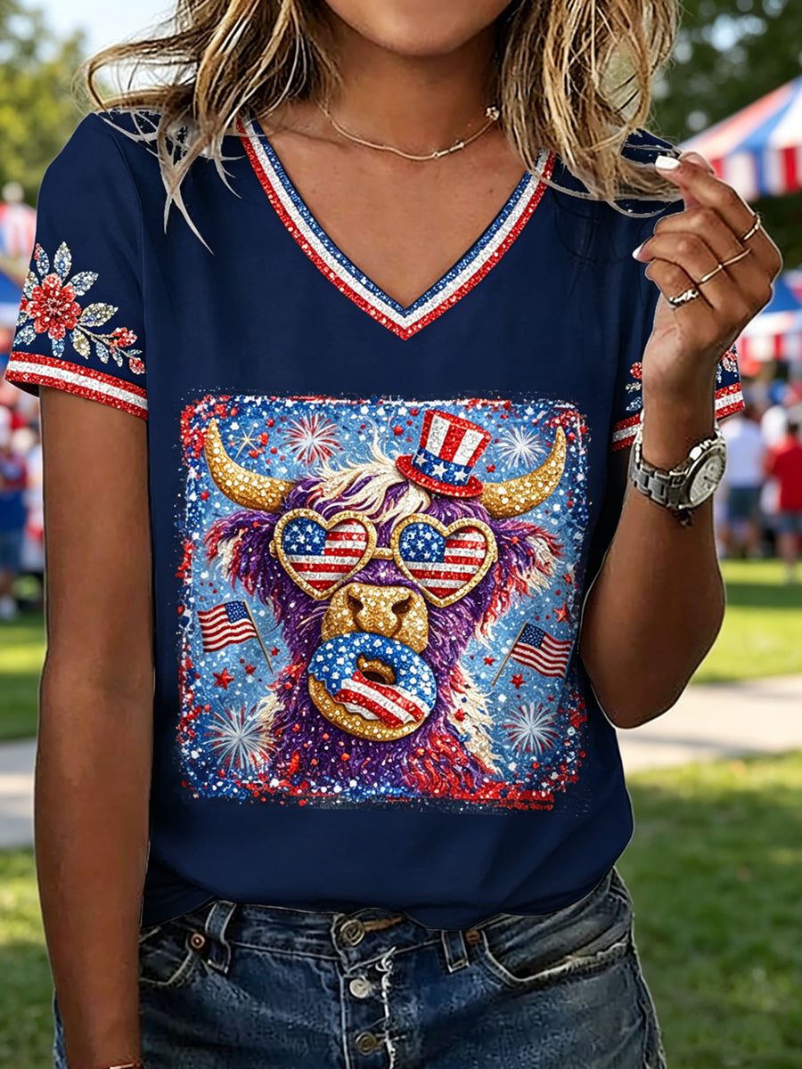 Women's  Independence Day Animals Printed Vintage Fashion Loose Short Sleeve T-Shirt