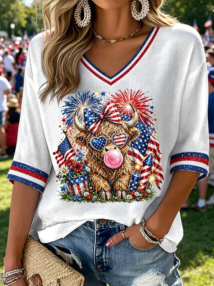 Women's V-neck Mid-Sleeve Independence Day Animals Printed Casual T-shirt