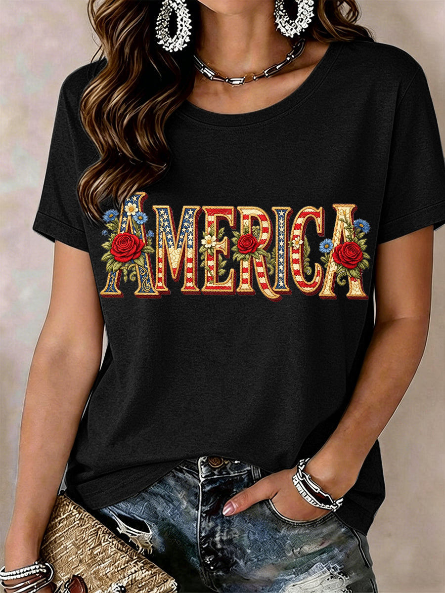 Women's America Floral Pattern T-Shirt