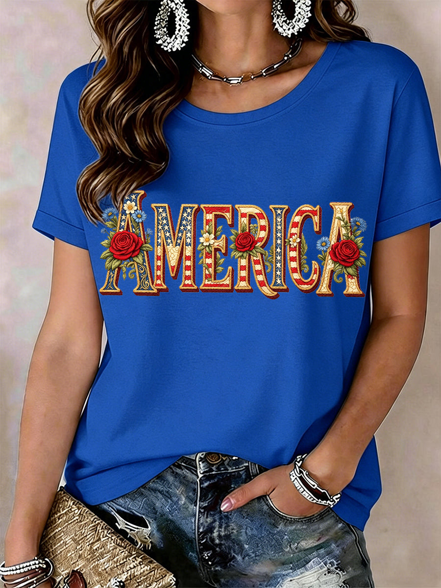 Women's America Floral Pattern T-Shirt
