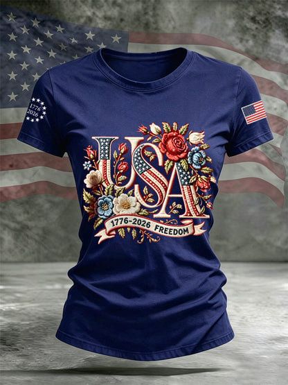 Women's Independence Day Floral USA Flag Print Casual Tee