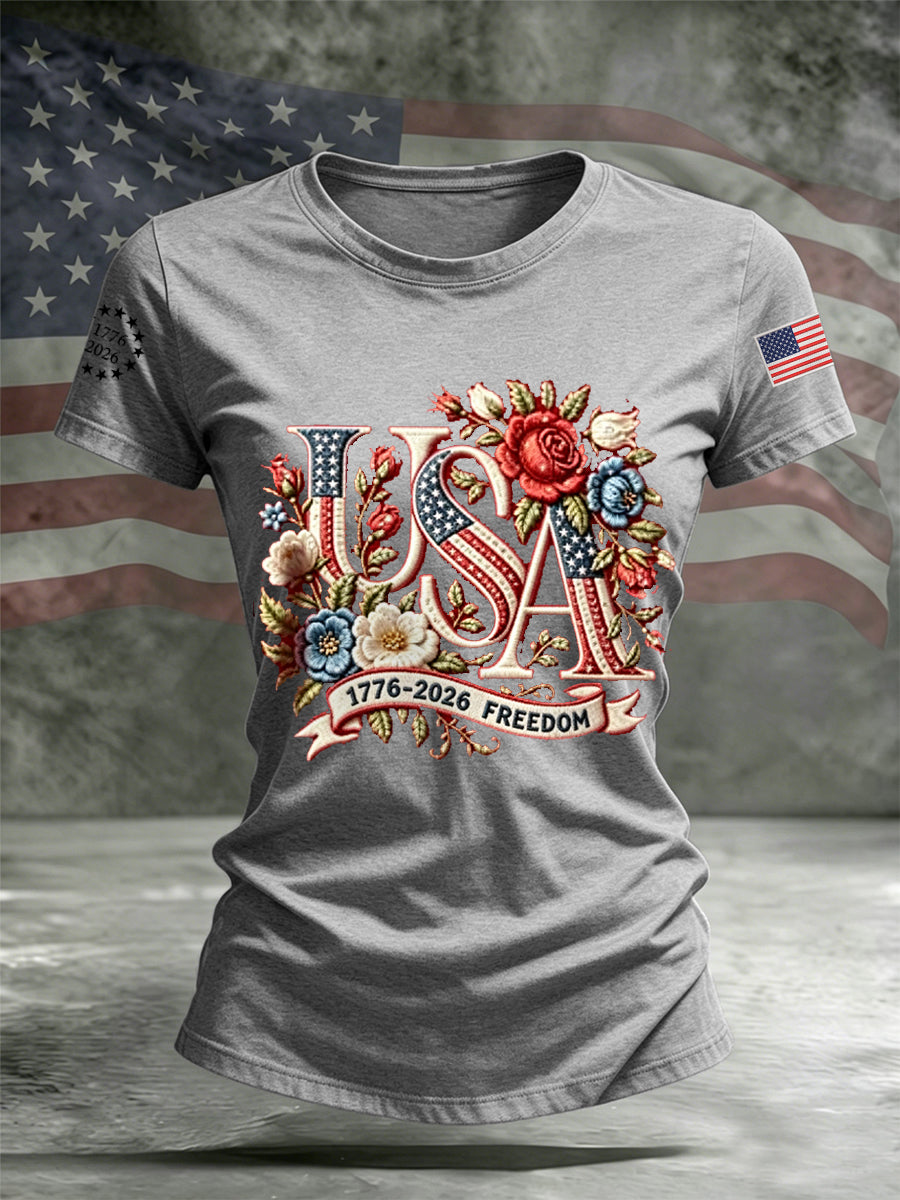 Women's Independence Day Floral USA Flag Print Casual Tee