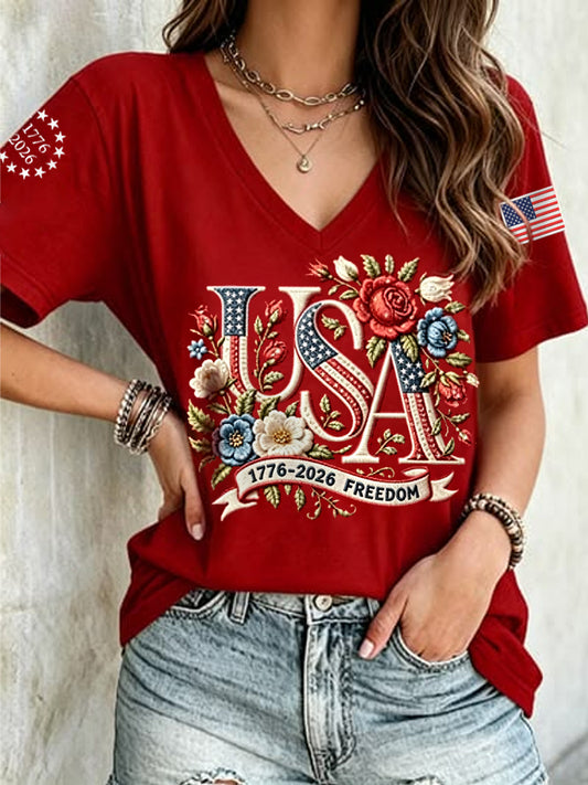 Women's Independence Day Floral USA Flag Print Casual Tee