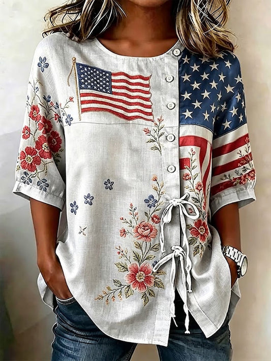 Women's America Flag Floral Print Cotton-Linen Button-Front Top with Ties