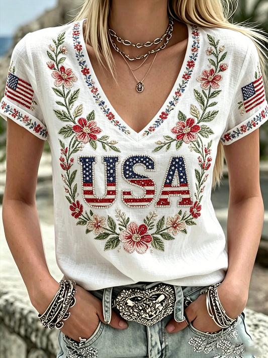 Women's America Floral Print V-Neck Casual T-Shirt