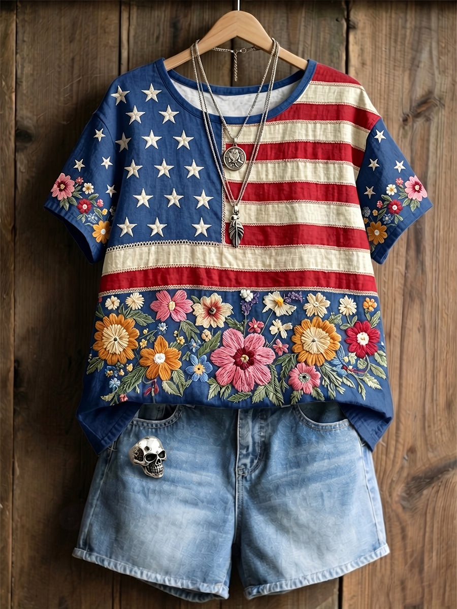 Women's Independence Day Anniversary Floral And Flag Art Cotton Linen Short-sleeve Top