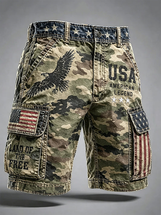 Men's Independence Day Retro American Flag And Eagle Camouflage Art Print Casual Shorts