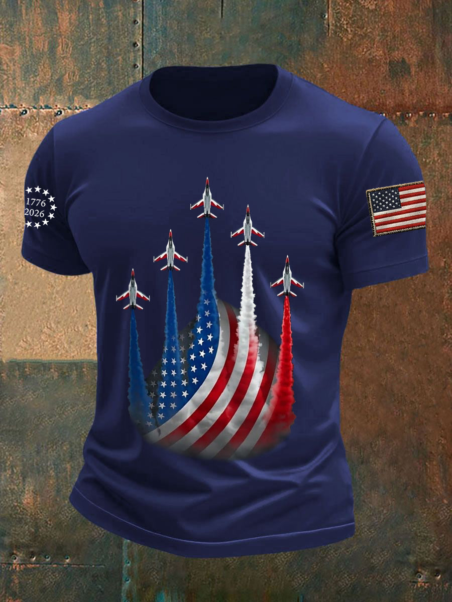 Men's Independence Day American Flag Jet Planes Print Casual Tee