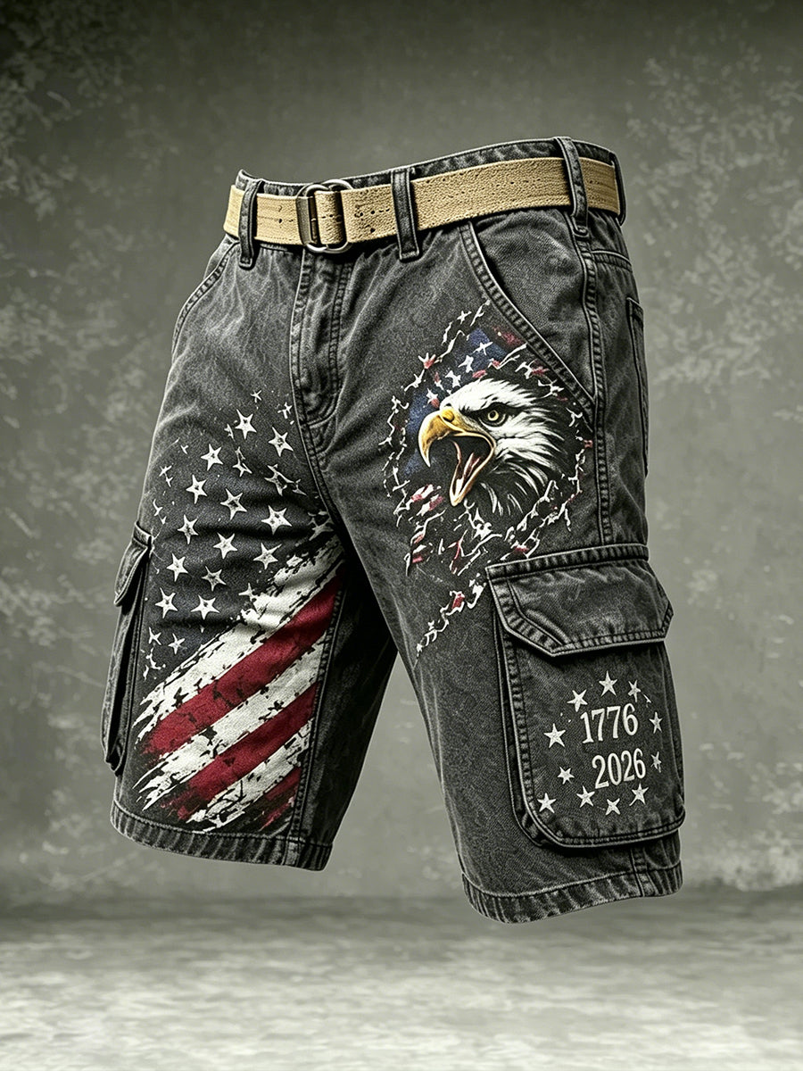 Men's Retro  Independence Day Eagle Pattern Washed Cargo Shorts