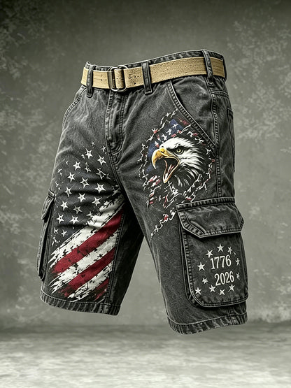 Men's Retro  Independence Day Eagle Pattern Washed Cargo Shorts