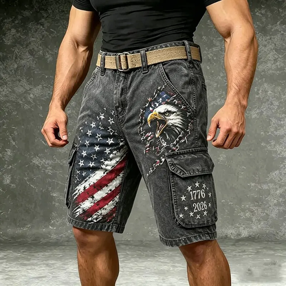 Men's Retro  Independence Day Eagle Pattern Washed Cargo Shorts