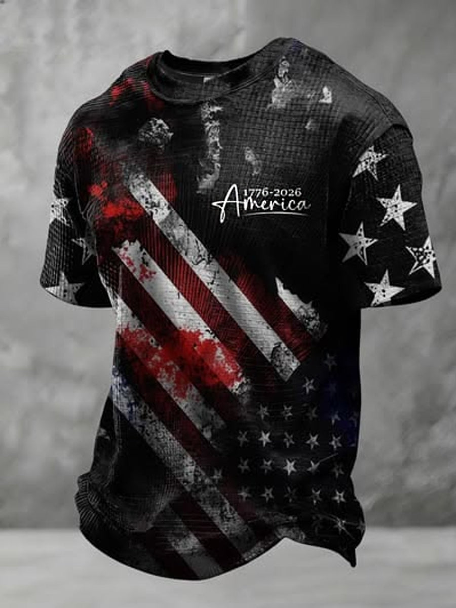 Men's USA Flag 1776-2026 Print Casual Waffle Casual Tee