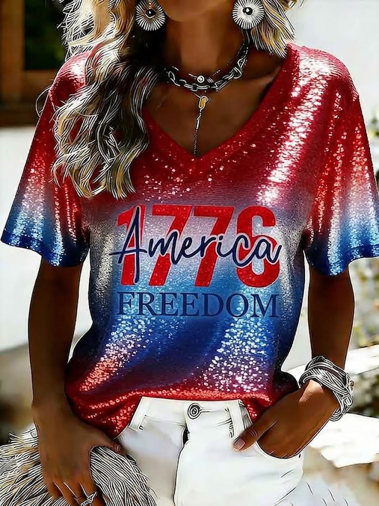 Women's America 1776 Freedom Printed Casual V-neck T-Shirt