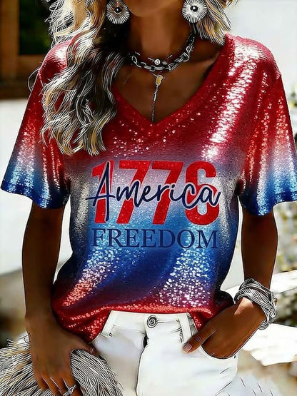 Women's America 1776 Freedom Printed Casual V-neck T-Shirt