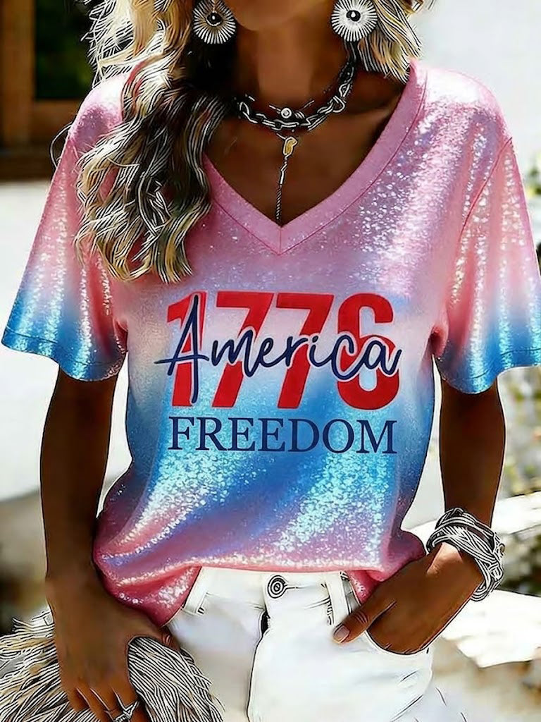 Women's America 1776 Freedom Printed Casual V-neck T-Shirt