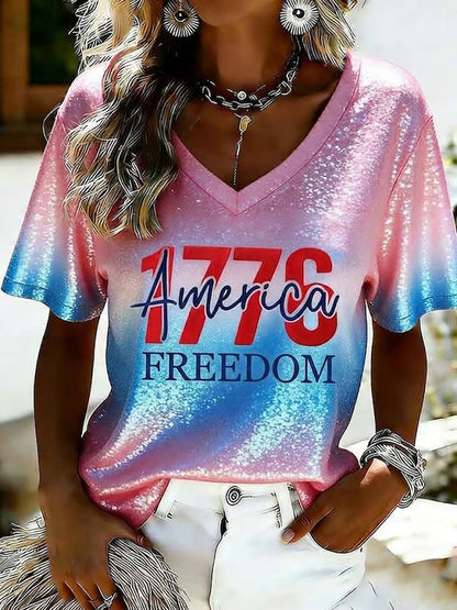 Women's America 1776 Freedom Printed Casual V-neck T-Shirt