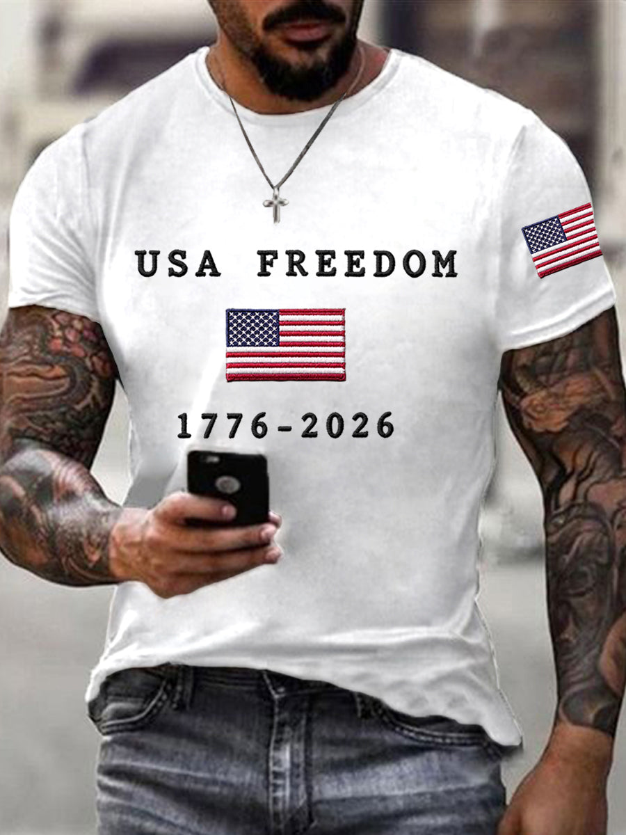 Men's USA Freedom American Flag Print Casual Independence Day Patriotic Tee