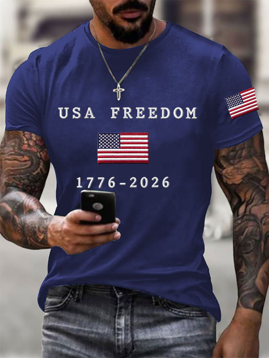 Men's USA Freedom American Flag Print Casual Independence Day Patriotic Tee