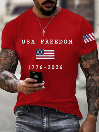 Men's USA Freedom American Flag Print Casual Independence Day Patriotic Tee