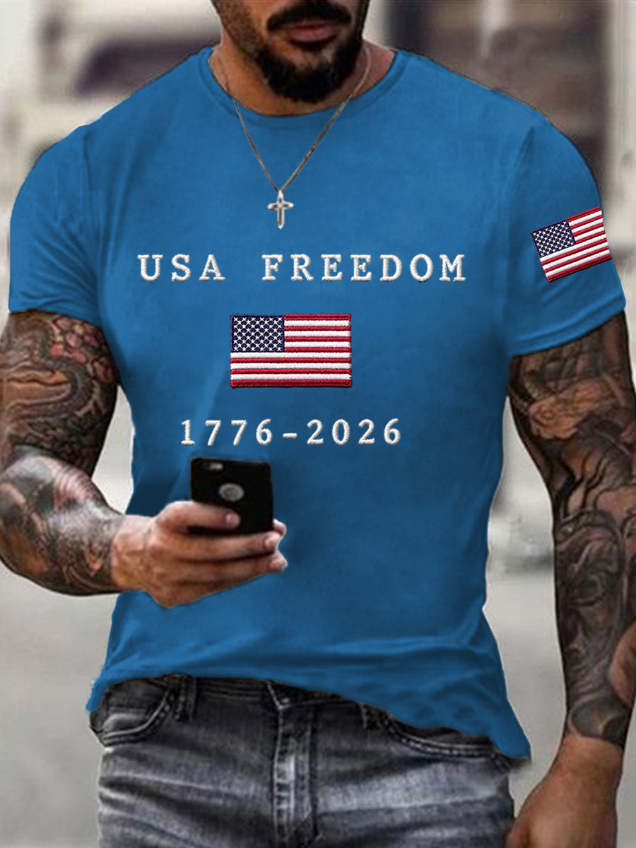 Men's USA Freedom American Flag Print Casual Independence Day Patriotic Tee