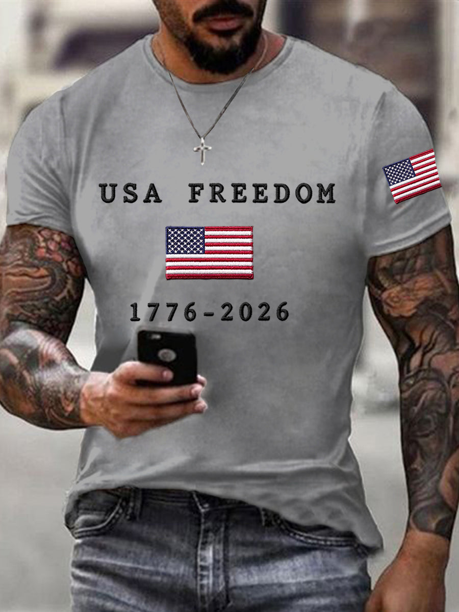 Men's USA Freedom American Flag Print Casual Independence Day Patriotic Tee