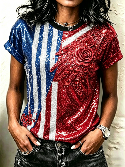 Women's American Rose Print short-sleeved T-shirt