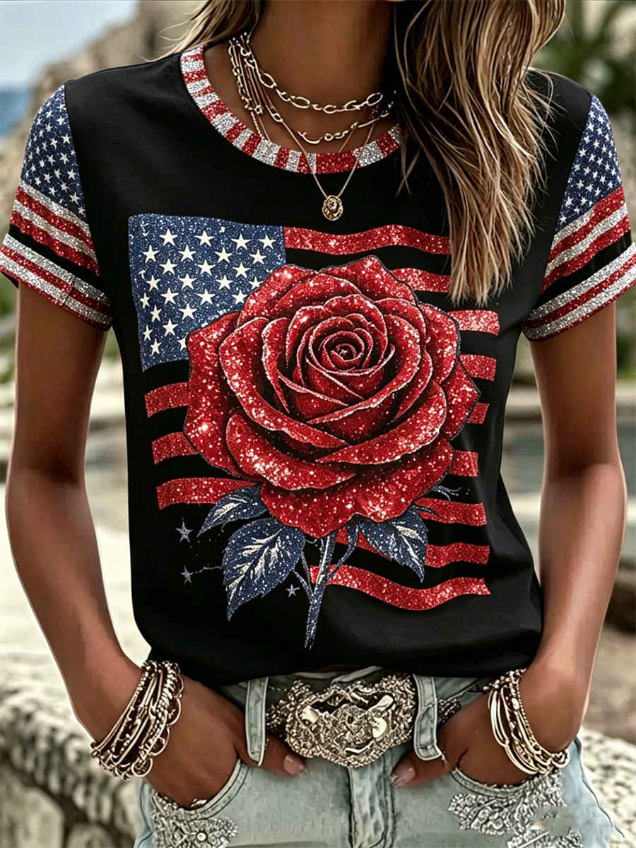 Women's American Rose Print short-sleeved T-shirt