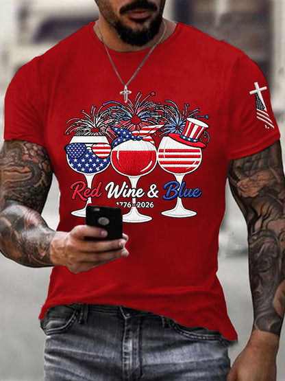 Men's Funny Red Wine Blue Independence Day Print Casual Patriotic Tee