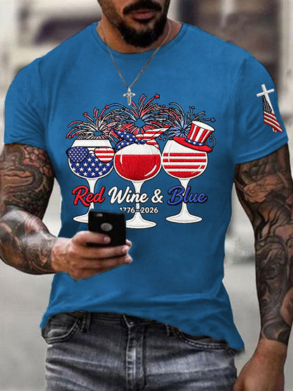Men's Funny Red Wine Blue Independence Day Print Casual Patriotic Tee